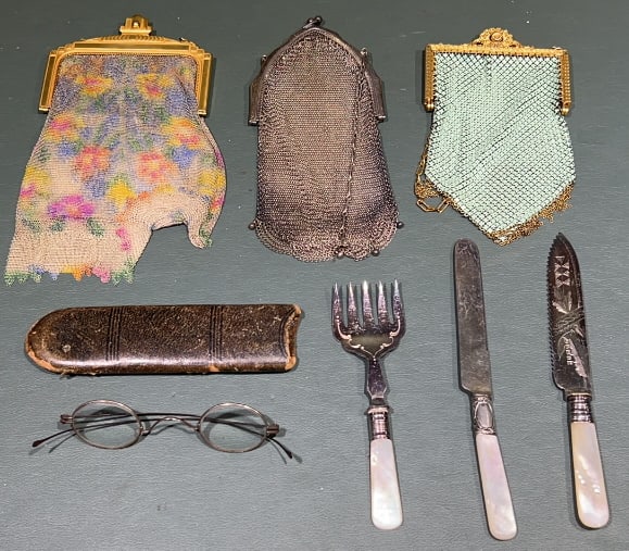 3 VINTAGE MESH PURSES , EARLY GLASSES, & MOTHER OF: LARGE PURSE IS 8.5"