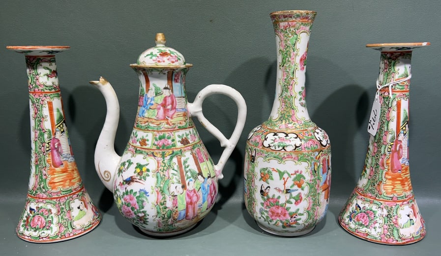 ROSE MEDALLION PR. CANDLESTICKS, VASE, & TEAPOT (1 of 4)