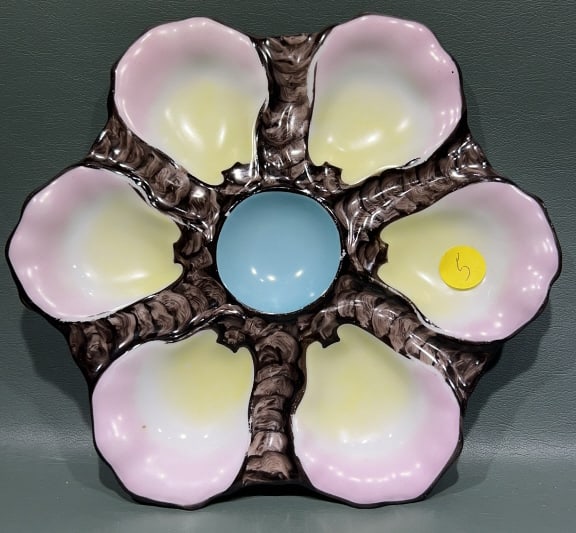 ANTIQUE HAND PAINTED OYSTER PLATE: 9"