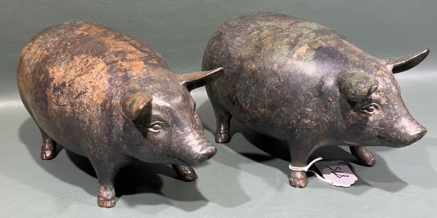 PAIR OF BRONZE PIGS: 9" X 5" X 4"