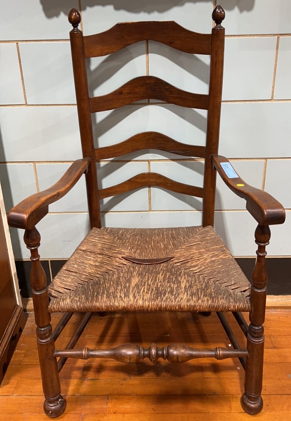 ANT. LADDER BACK RUSH SEAT CHAIR: 43.5" X 24" X 20"