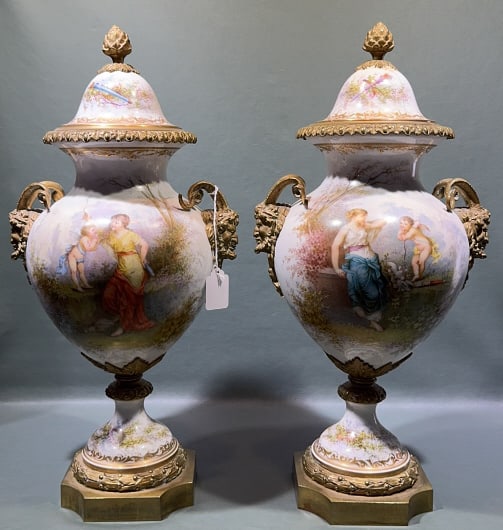 PR ANTIQUE SEVRES HAND PAINTED URNS W/BRONZE: MOUNTS - ONE LID HAS PROFESSIONAL REPAIRS - 20" x 10? x 9?
