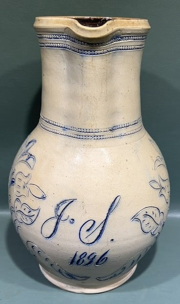 ANT. BLUE DECORATED MATRIMONAL STONEWARE SET 1896: BLUE DECORATED STONEWARE JUG & 7 CUPS W/ ORIGINAL MARRIAGE CERTIFICATE JOHN A SUMNI (?) & SOPHIA SHAFFER SMYRA, DEL. 11/2/1896 12" X 8"