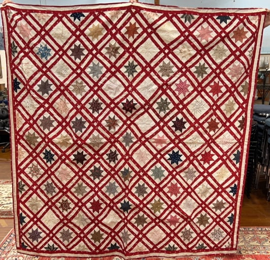 ANT. STAR QUILT W/ RED STRIPES: ~