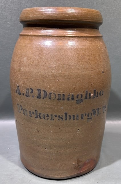 A. P. DONAGHHO PARKERSBURG, W.V. STONEWARE CROCK: 6" X 10"