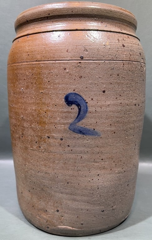 ANT.2 GAL BLUE DECORATED CROCK: 12" X 7-1/2"