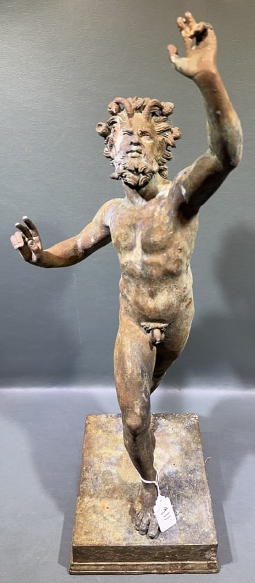 BRONZE ROMAN "DANCING FAUN" GARDEN STATUE: W/ DAMAGED TERRA COTTA BASE 27" X 11"