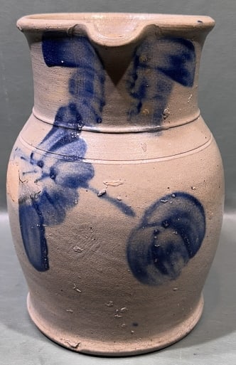 ANT. BLUE DECORATED STONEWARE PITCHER: W/ HAIRLINE 9" X 6"