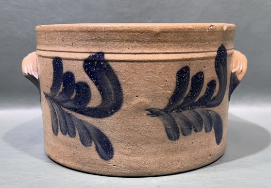 ANT. BLUE DECORATED STONEWARE CAKE CROCK (1 of 5)