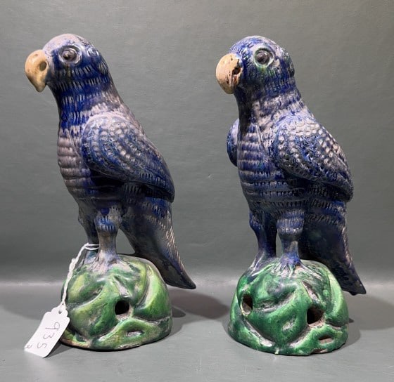 2 ORIENTAL BLUE GLAZED PORCELAIN PARROTS: 10" X 4"