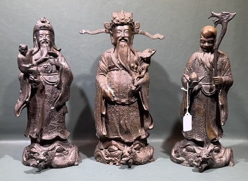 3 BRONZE CHINESE DIETY/GOD FIGURES: 14" X 7"