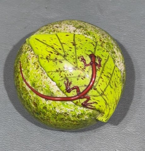 SIGNED ART GLASS PAPERWEIGHT W/ SALAMANDER: 3" X 3"