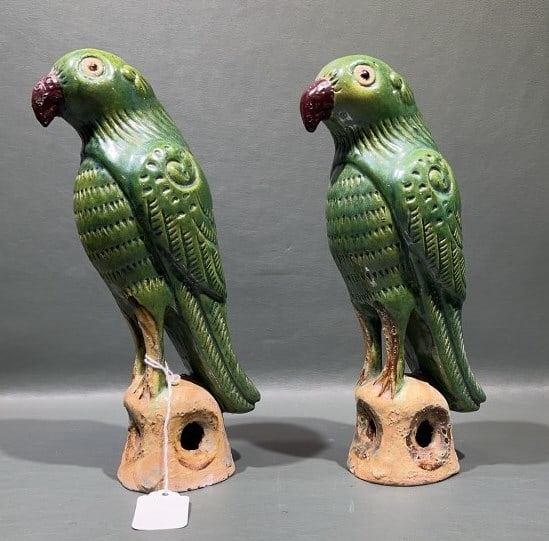 2 ORIENTAL GREEN GLAZED PORCELAIN PARROTS: 10" X 3.5"