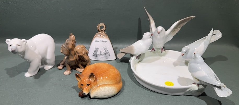 LLADRO BEAR, B&G DOGS, CORONA BIRD DISH LOT: 12" X 5"