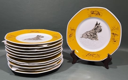 12 HERMES OCTAGONAL SCOTTISH TERRIER PLATES: CHASSE YELLOW/CHEINS COURANTS & CHIENS D'ARRETS ~ 8"