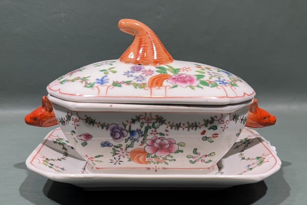 CHINESE EXPORT BOAR'S HEAD TUREEN W/UNDERPLATE: 9" X 5"