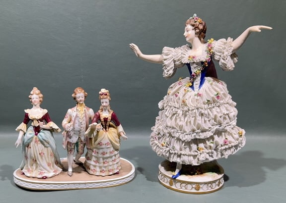 2 EARLY PORCELAIN FIGURES: THE FIGURAL GROUP HAS A ROYAL VIENNA MARK ~ BOTH FIGURES HAVE CONDITION ISSUES ~ PLEASE SEE PHOTOS ~ 10.5" X 7"