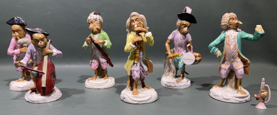 6 MEISSEN MONKEY BAND FIGURES: MOST HAVE DAMAGE ~ PLEASE SEE THE PHOTOS FOR DETAILS ~