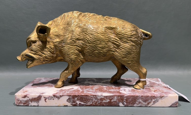 GILT BRONZE BOAR ON MARBLE BASE: 10" X 5.5"