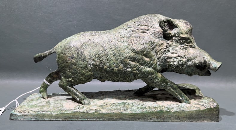 H HENJES BRONZE SCULPTURE OF WILD BOAR: 12" X 6.5"