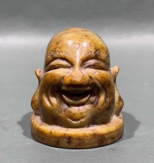 HAND CARVED STONE LAUGHING BUDDHA SCULPTURE HEAD: 2.5" X 2"