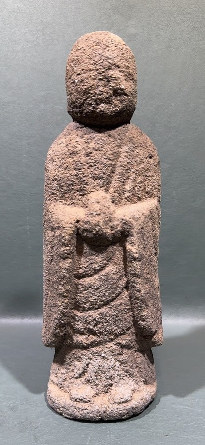 CARVED STONE ASIAN BUDDHA JIZO STATUE: 12" X 5"