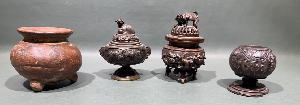 2 BRONZE ORIENTAL INCENSE BURNERS & 2 OPEN POTS: 3.5" X 3"
