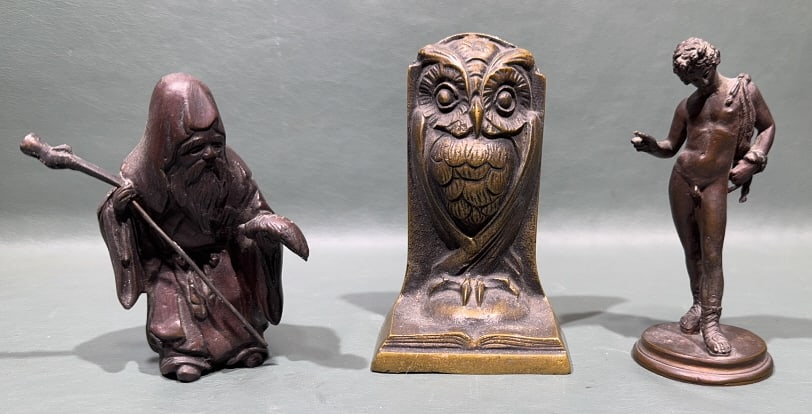 BRONZE OWL BOOKEND & 2 BRONZE FIGURES: 5" X 2"