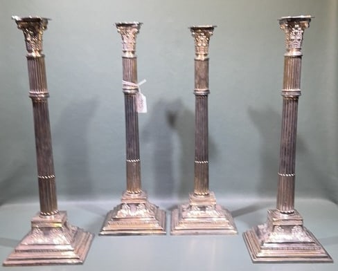 4 LARGE ANTIQUE SILVERPLATE CANDLE STICKS: 18" X 6"