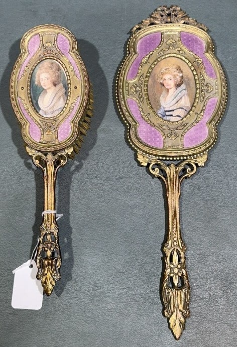 BRONZE DRESSER SET W/ MINI PORTRAITS PAINTINGS: 13" X 4.5"