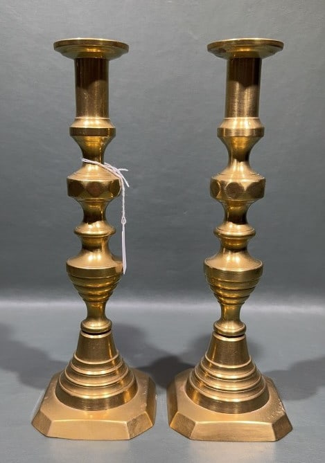 PAIR OF ANTIQUE BRASS PUSH UP CANDLESTICKS (1 of 3)