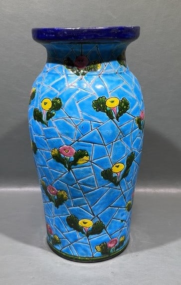 EMAUX DE LONGWY TURQUOISE CRACKLE FINISH VASE: 13" X 7"