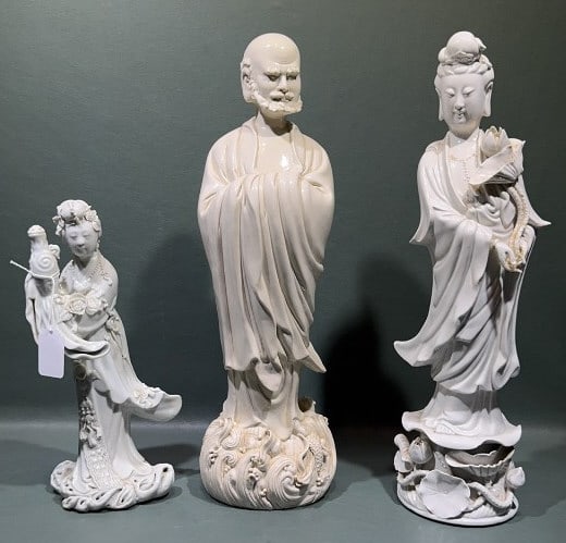 3 ORIENTAL WHITE PORCELAIN FIGURES: 17" X 5"