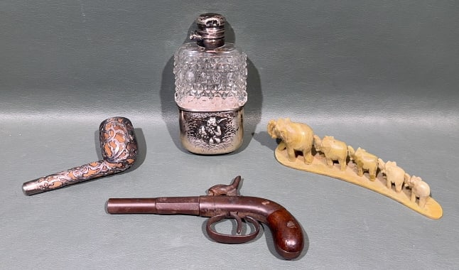 STERLING & CRYSTAL FLASK, PISTOL, & STERLING PIPE: 6.5"