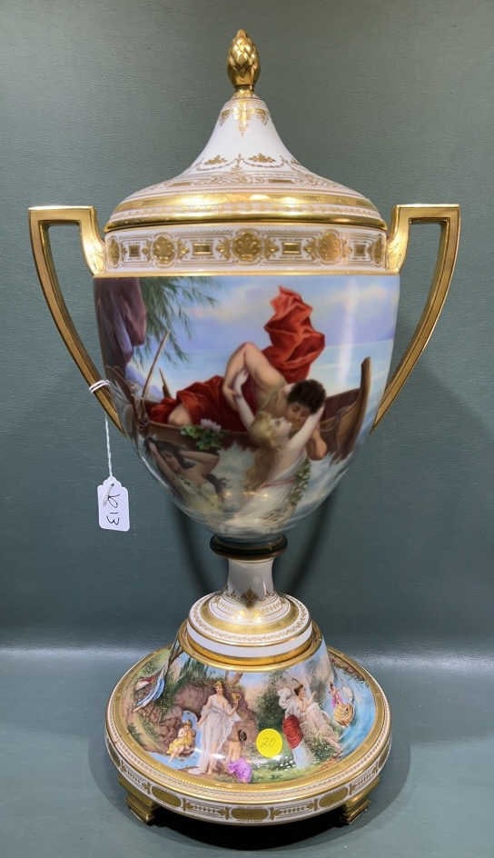 ANTIQUE ROYAL VIENNA PORCELAIN COVERED URN: PROFESSIONAL REPAIRS TO THE BASE ~ 23" X 12"