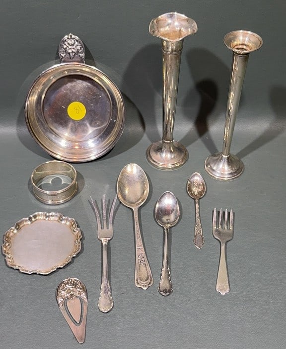 COLLECTION OF VARIOUS STERLING VASES & FLATWARE: 6" X 4"