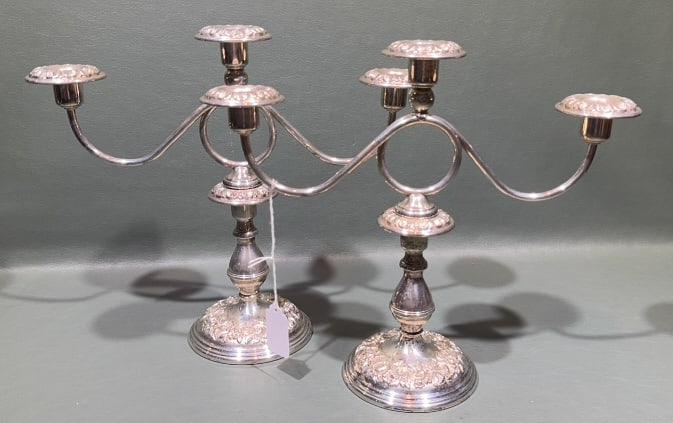 PAIR OF KIRK & SON STERLING REPOUSE CANDELABRAS: 12.5" X 10.5"