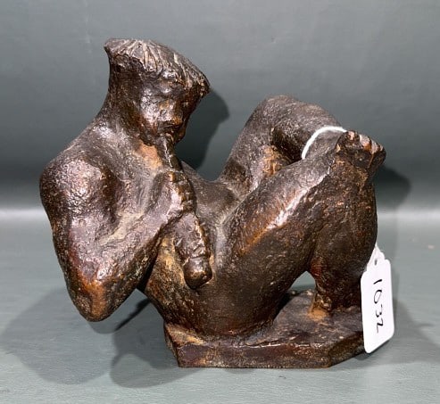 ANTONIO DEVOTO EXPRESSIONIST BRONZE NUDE FIGURE: PLAYING INSTRUMENT 6" X 4" X 6"