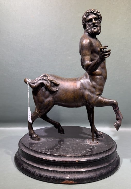 BRONZE SCULPTURE OF THE "OLD CENTAUR": ON WOODEN BASE 18" X 13" X 9-1/2"