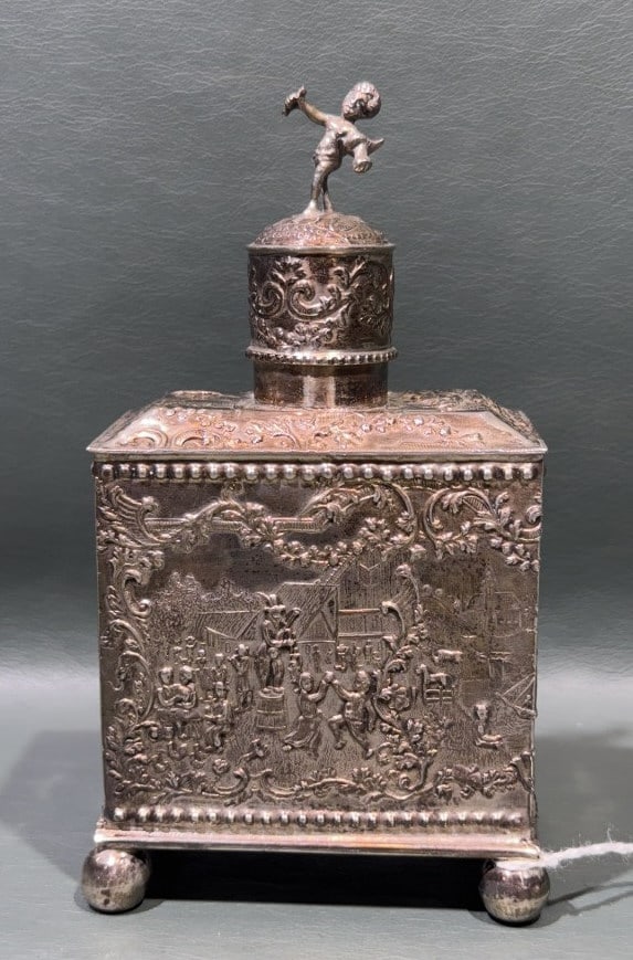 ANTIQUE ENGLISH STERLING SILVER TEA CADDY: 6" X 3" X 2" 4.5 OZT