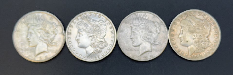 4 VARIOUS ANTIQUE SILVER DOLLARS: ~