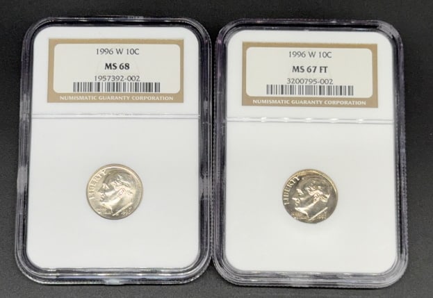 2- 1996 W 10C GRADED DIMES MS 67 FT & MS 68: ~