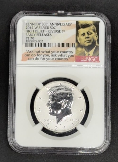 2014 W SILVER 50C HIGH RELIEF- REVERSE PF 70: KENNEDY 50TH ANNIVERSARY