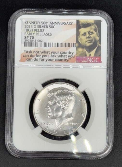 2014 D SILVER 50C HIGH RELIEF GRADED PF 70: EARLY RELEASE KENNEDY 50TH ANNIVERSARY