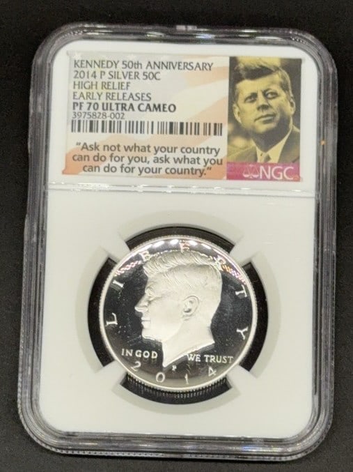 2014 P SILVER 50C HIGH RELIEF PF 70 ULTRA CAMEO: EARLY RELEASE KENNEDY 50TH ANNIVERSARY