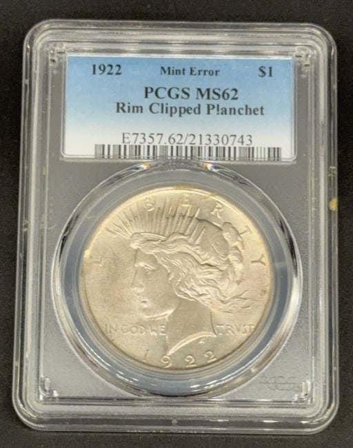 1922 PEACE DOLLAR MINT ERROR RIM CLIPPED PLANCHET: MS 62