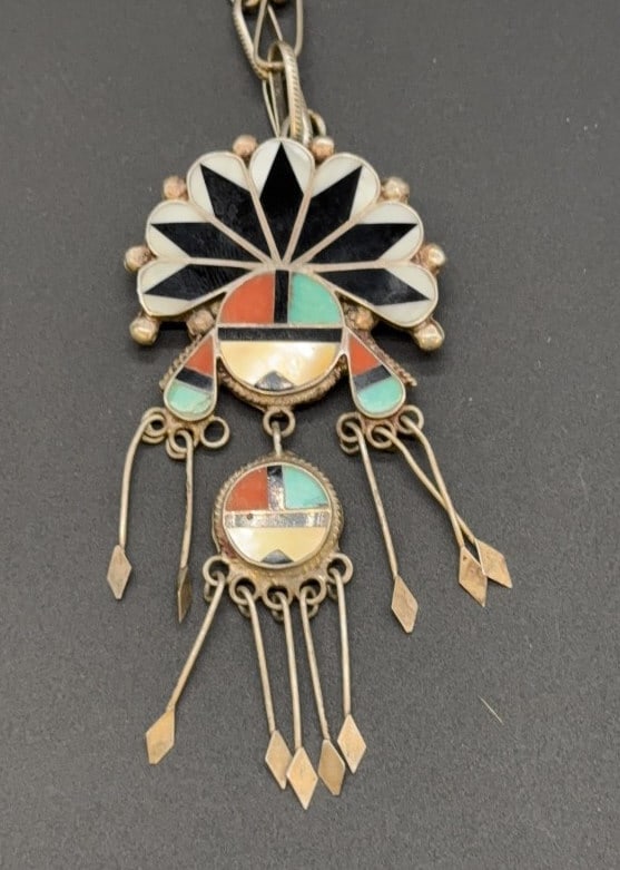 NATIVE AMERICAN SILVER & HARD STONE NECKLACE: ~