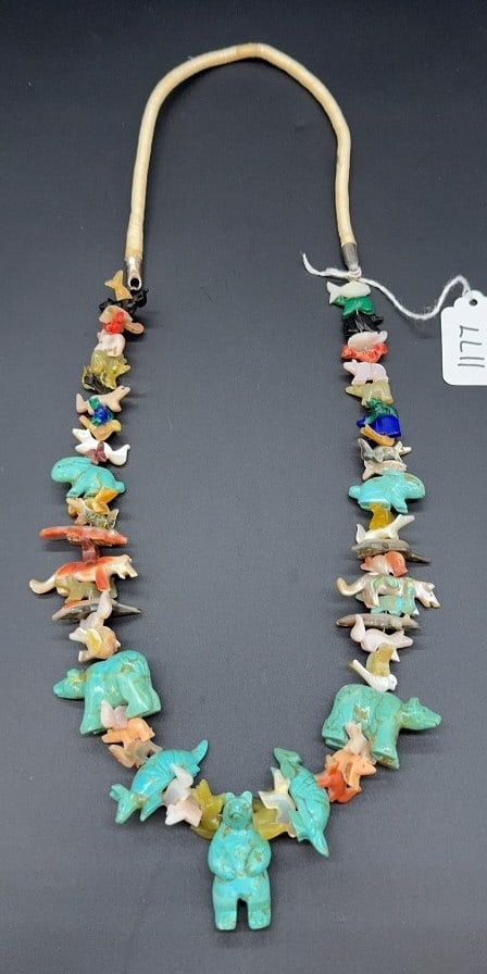 NATIVE AMERICAN CARVED TURQUOISE FETISH NECKLACE: ~