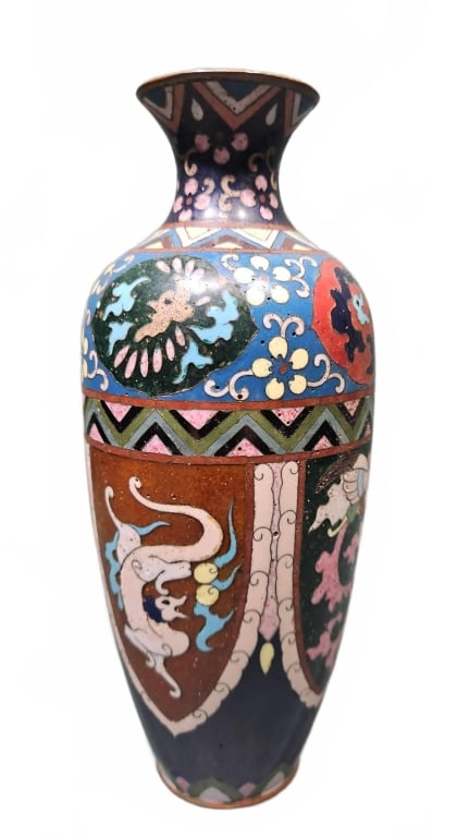 CHINESE CLOISONNE ENAMEL DECORATED VASE: CHINESE CLOISONNE ENAMEL VASE WITH MULTICOLOR FLORAL AND FIGURAL MOTIFS, FLARED RIM, AND DECORATIVE BORDERS, DECORATED ON COPPER BODY. INTERIOR AND BASE GLAZED IN LIGHT GREEN AND YELLOW ENAMEL. 9- 3/4