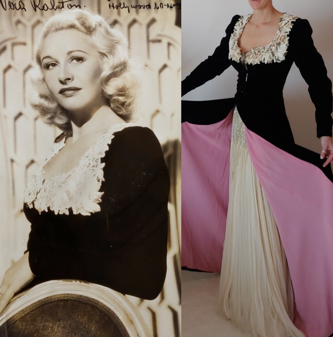 Couture gown worn by 40s actress Vera Ralston w/ pics!: This one of a kind gown is straight from the closet of 40s silver screen goddess, Vera Ralston, and her husband, Republic studio head, Herbert Yates. The Czech Olympic figure skater turned Hollywood l